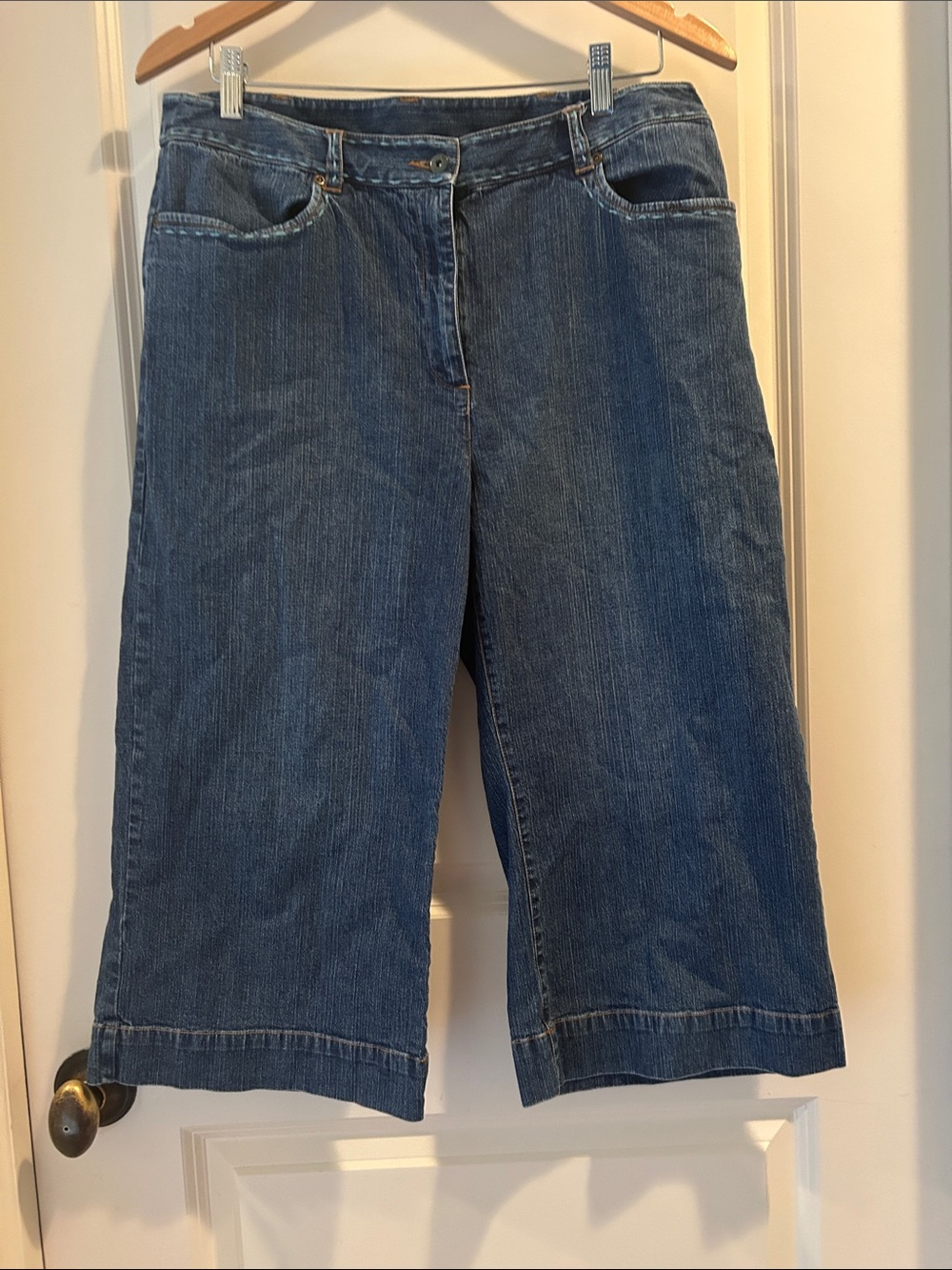 Susan Bristol Wide Leg Denim Capri Jeans w/detail embroidery stitching size  12